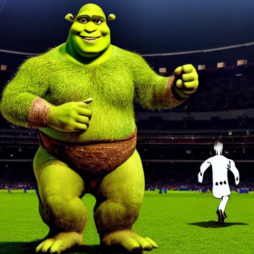 Image similar to shrek!! imposing stature in the center of a football match