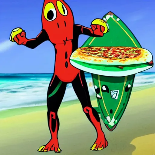 Prompt: a new Ben 10 alien character inspired by capybaras and lobsters who enjoys surfing while eating pizza and wears tacky Hawaiian shirts and socks with sandals, he also says dude a lot