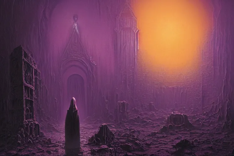 Image similar to hooded necromancer in front of a lovecraft portal by marc simonetti and mike mignola and beksinski and giger and alton kelley, rising from the void, dark neon retrowave, purple, golden and mysterious, stopped in time, atmospheric, ominous, eerie, cinematic, epic, 8 k, 4 k, ultra detail, ultra realistic, rendered by awesomeness