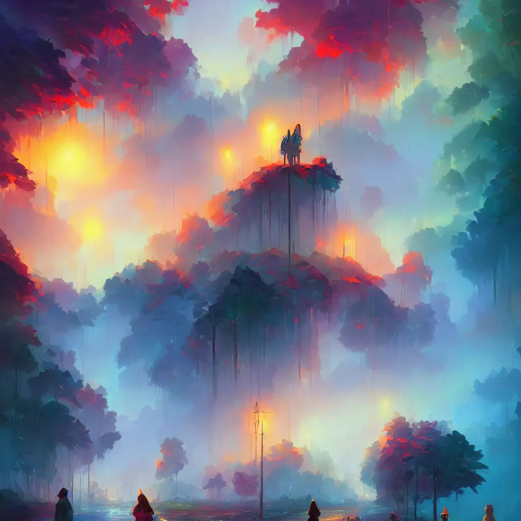 Prompt: a beautiful and vivid and colorful and trippy Andreas Rocha and Alena Aenami fantasy illustration with pastel colors of afremov's misty mood, featured on artstation, 8k hq