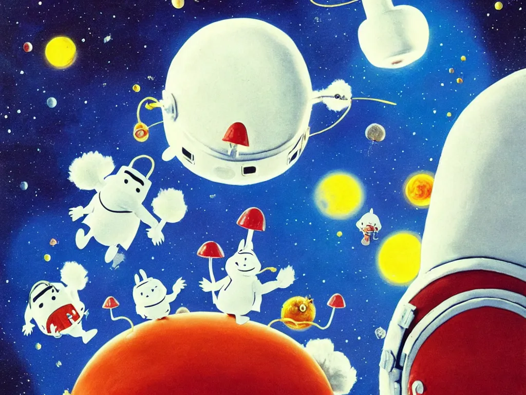 Image similar to moomins in space suits flying around with jetpacks discovering the mushroom planet, photorealistic painting, cgi, low light, movie still, very cozy and fluffy and sweet