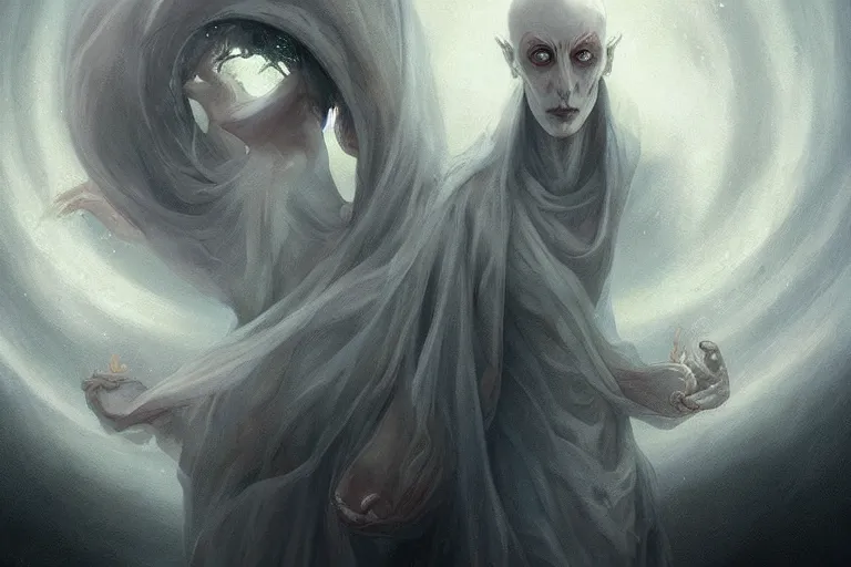 Prompt: a humanoid creature with pale white skin and a gaunt face. the creature is bald and its eyes are shining, emitting sunlight. it is wearing a black flowing cloak that looks like mist. art by peter mohrbacher.