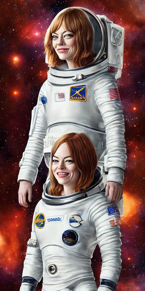 Prompt: Portrait of Emma Stone in a space suit. Highly detailed, photorealistic