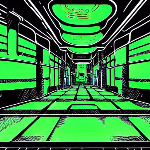 Prompt: a scifi illustration, factory interior with vats of neon green fluid. seen from above, parallax bloom effect, heavy linework line brush, graphic novel style