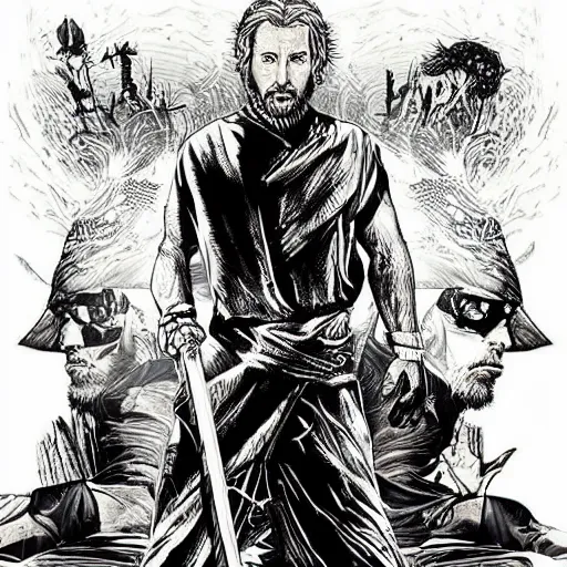 Image similar to black and white pen and ink!!!! rugged royal! Baháʼí Faith goetic Hugh Jackman x Ryan Gosling golden!!!! Vagabond!!!! floating magic swordsman!!!! glides through a beautiful!!!!!!! battlefield dramatic esoteric!!!!!! pen and ink!!!!! illustrated in high detail!!!!!!!! by Junji Ito and Hiroya Oku!!!!!!!!! graphic novel published on 2049 award winning!!!! full body portrait!!!!! action exposition manga panel black and white Shonen Jump issue by David Lynch and Frank Miller beautiful line art Hirohiko Araki-s 150