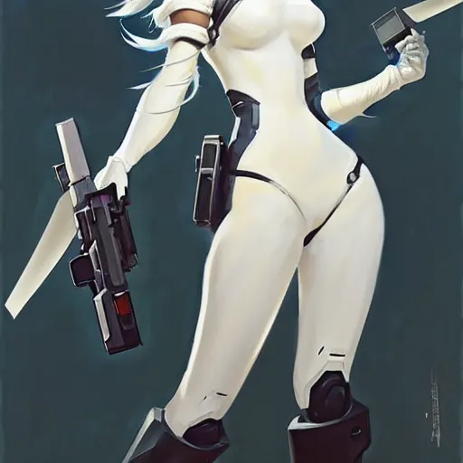 Image similar to greg manchess painting of a 2 yorha type a no. 2 as overwatch character!! with a drone!, white long hair, organic painting, trending on artstation, by huang guangjian and gil elvgren and sachin teng