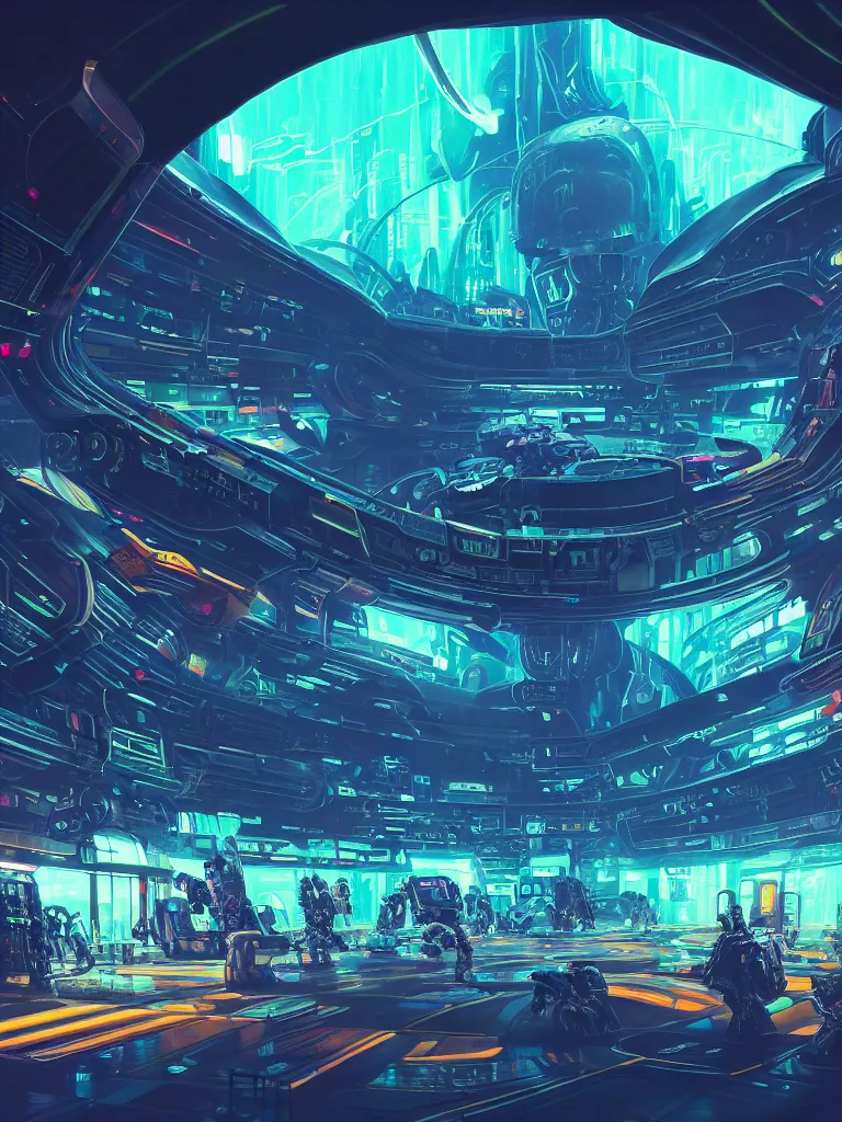 Image similar to the interior of a celestial spaceship cyberpunk hangar in a bioluminescent walls decorated beautifully, lots of cyberpunk design elements like humanoids and mecha robots, warm sunlight shining in, lots of cables and neon signs, concept art 8 k resolution, fantasy illustration, sharp focus, detailed painting, deep color, volumetric lighting, crepuscular rays