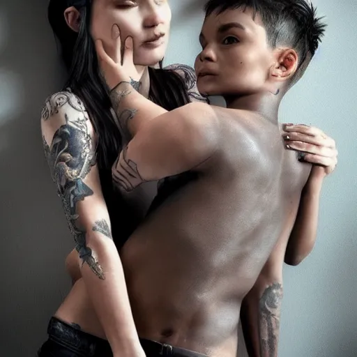 Prompt: Hot young woman, grey skin, tattoos, wearing leather and cuddling her little brother concept art