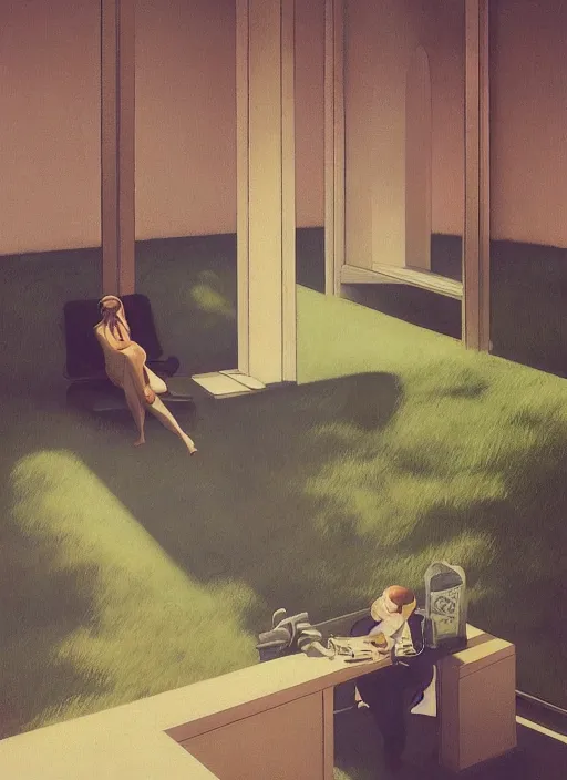 Image similar to time does not exist anymore by edward hopper and james gilleard, zdzislaw beksinski, overgrown vegetation, open ceiling, highly detailed, painted by francis bacon, painted by james gilleard, airbrush, ilya kuvshinov, wlop, stanley artgerm, very coherent, art by takato yamamoto and james jean