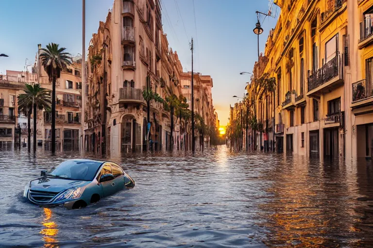 Image similar to views of catastrophic barcelona streets covered with high water, global warming, floating cars, sunset lighting, photo real