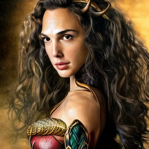 Image similar to Full body photo of the beautiful woman Gal Gadot as Medusa the greek goddess, she has those characteristic snakes coming out of her head, she is looking straight to the camera, she has a glow coming from her, she is getting illuminated for rays of light, behind her is a scary atmosphere, the photo was taking by Annie Leibovitz, matte painting, oil painting, naturalism, 4k, 8k