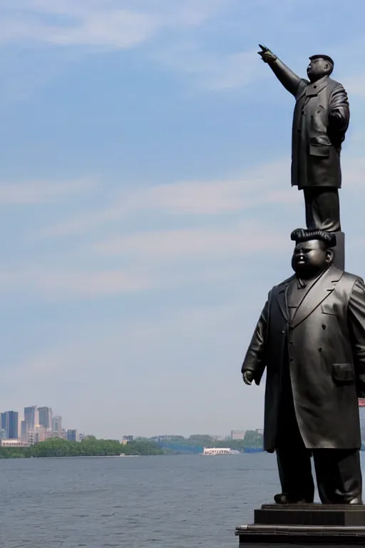 Image similar to a gigantic statue of kim jong un standing on the united states liberty island, symmetry, awesome exposition, very detailed, highly accurate, 8 k