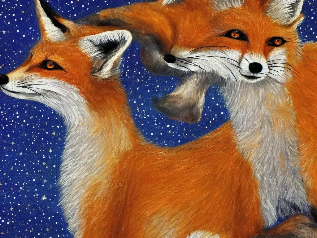 Image similar to a centred zoomed out painting of a fox in the style of Starry Night, highly detailed