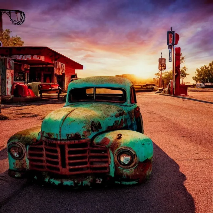 Image similar to a sunset light landscape with historical route 6 6, lots of sparkling details and sun ray ’ s, blinding backlight, smoke, volumetric lighting, colorful, octane, 3 5 mm, abandoned gas station, old rusty pickup - truck, beautiful epic colored reflections, very colorful heavenly, softlight