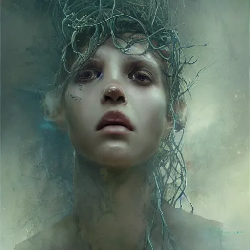 Image similar to Medusa by cy Twombly and BASTIEN LECOUFFE DEHARME, iridescent, volumetric lighting