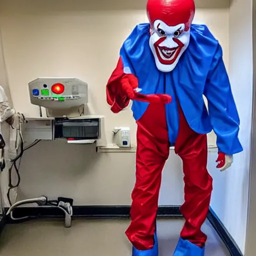 Prompt: pennywise the clown working as an emergency room doctore