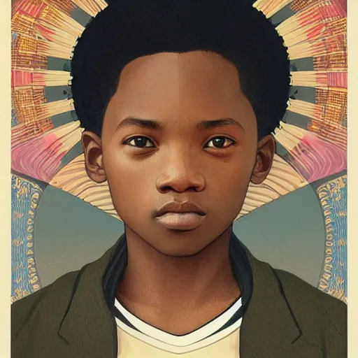 Image similar to colourful upper half portrait of an african boy - in japan graphic design illustration style, art by hsiao - ron cheng & alphonse mucha, highly detailed, digital painting, illustration, smooth, sharp focus, intricate, symmetry, pinterest, behance,