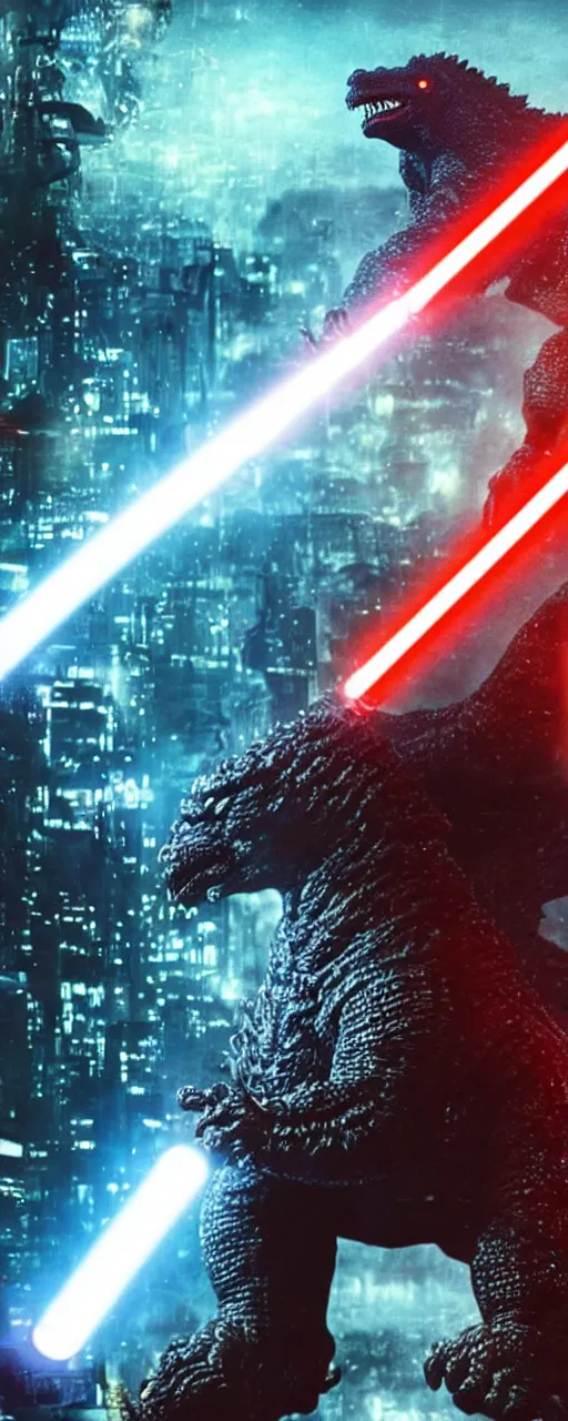 Image similar to Ryu with a lightsaber battling godzilla in neo-tokyo, shot by michael bay, 4k, futuristic, cinematography