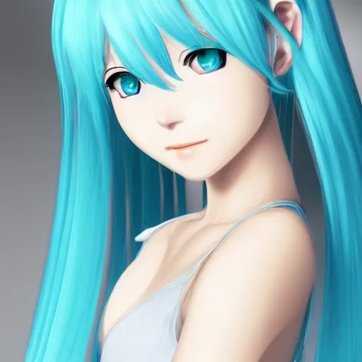 Prompt: portrait of a stunning woman like Hatsune Miku, who has light blue hair. Head and shoulders shot, highly detailed, award-winning, studio lighting, delicate features