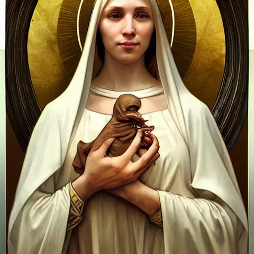 Image similar to the virgin mary holding a reptile, no baby, no baby, highly detailed, digital painting, concept art, smooth, sharp focus, illustration, surrealist, absurd, humorous, photoshop, art by artgerm and greg rutkowski and alphonse mucha