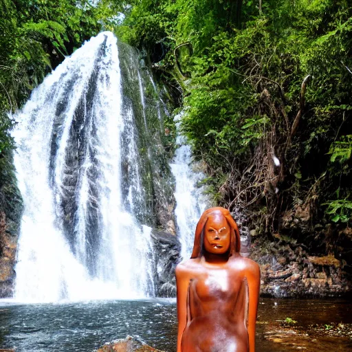 Prompt: Maya stone statue of an alien in front of a beautiful waterfall in the jungle, award winning photography, 8k