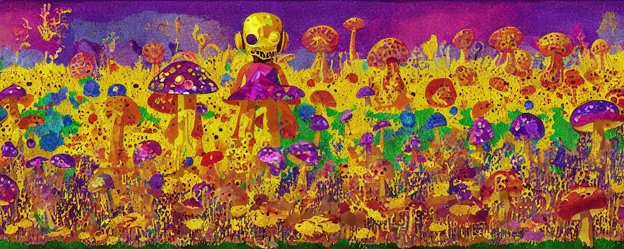 Image similar to pixel decollage painting golden armor alien zombie horseman riding on a crystal bone dragon broken rainbow diamond maggot horse in a blossoming meadow full of colorful mushrooms and golden foil toad blobs in a golden sunset, distant forest horizon, painted by Mark Rothko, Helen Frankenthaler, Danny Fox and Hilma af Klint, pixelated, neo expressionism, semi naive, pastel colors, cinematic, color field painting, cave painting, voxel, pop art look, outsider art, minimalistic. Bill Traylor painting, part by Philip Guston and Francis Bacon. art by Adrian Ghenie, very coherent symmetrical artwork, cinematic, hyper realism, high detail, octane render, unreal engine, Smooth gradients, depth of field, full body character drawing, extremely detailed, 8k, extreme detail, intricate detail, masterpiece