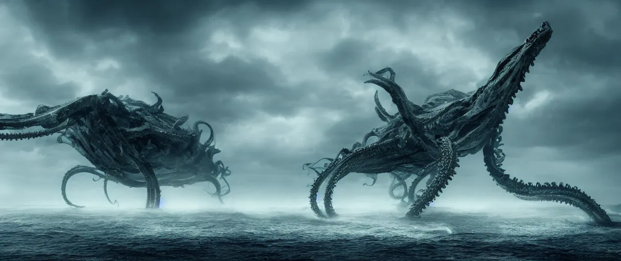 Prompt: a huge terrifying skeletal sea monster with tentacles that rises out of the waters of an ocean bay, heavy fog, atmospheric, cinematic, 3D, dramatic sky, establishing shot, low angel, water splash, thunderstorm, Octane render, 8K, ridley scott, david fincher