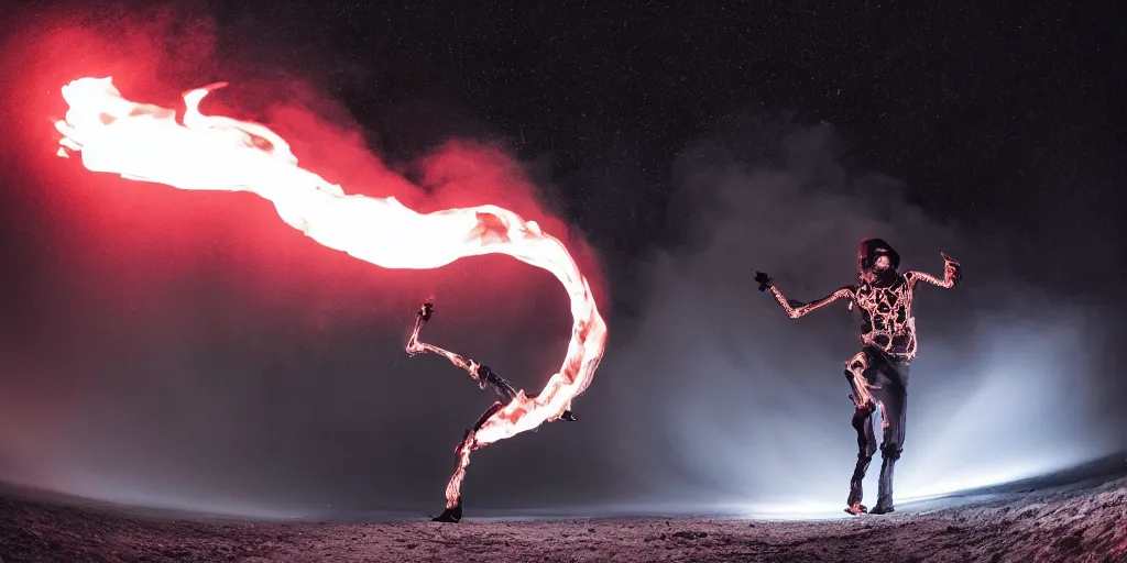 Image similar to fisheye slow motion with trail fire effect of futuristic break dancer wearing long dark cloak and skeleton head emitting fire, long exposure shot , enigmatic, at night in the middle of the arctic with red light A letter, paddle of water, steam, fog, water splashes, rim lights, glossy reflections, water droplets on lens, octane render, Volumetric dynamic lighting, stunning cover magazine, high details, hajime sorayama