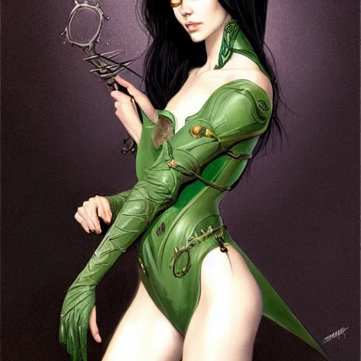 Prompt: Portrait of slim shapely pale young sorceress wearing black leather armor, long black hair, green eyes, intricate, elegant, highly detailed, digital painting, artstation, concept art, smooth, sharp focus, illustration, art by artgerm and greg rutkowski and alphonse mucha and andrei riabovitchev