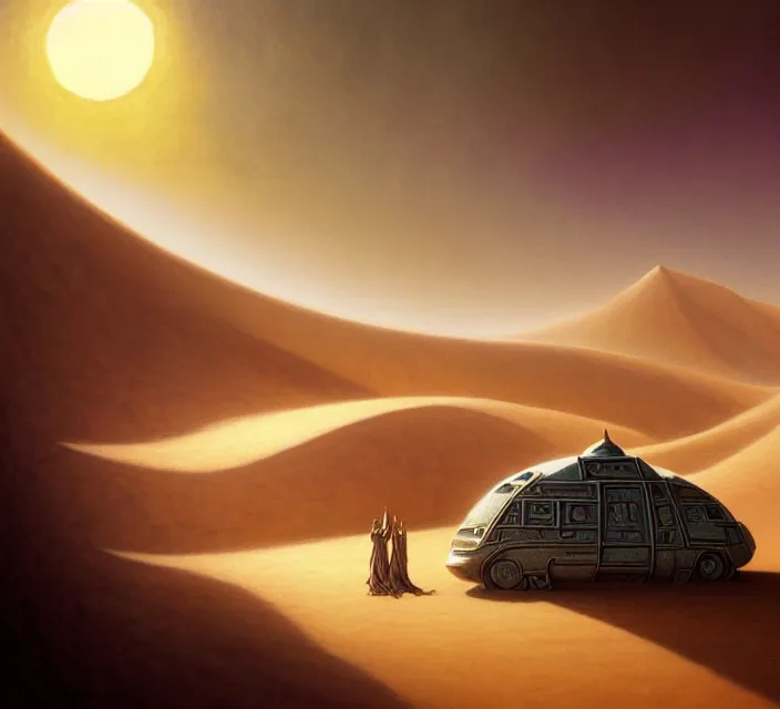 Prompt: subsurface scattering, a desert caravan rests at an oasis, the art of athas and dark sun, brom's dark sun art on a 7 0's style fantasy novel cover, oasis in desert, digital painting by brom, amazingly detailed d & d art, concept art, intricate details, beautiful, volumetric lighting, ultrarealistic, cgsociety, artstation