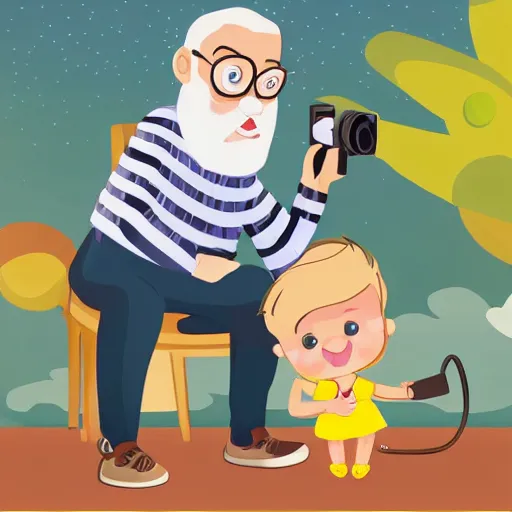 Prompt: cute cartoon character, curled perspective, digital art, beard grandpa taking a photo to a baby girl