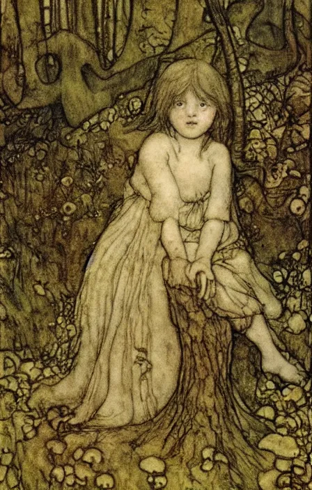 Prompt: little girl in the fairy woods by john bauer, arthur rackham