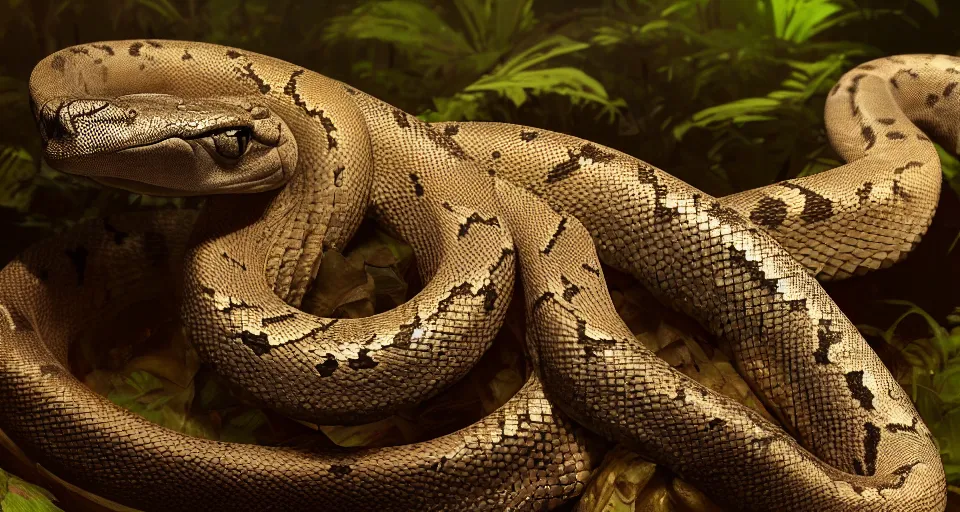 Prompt: closeup portrait of a python in a jungle environment, dramatic lighting, cinematic, octane render, cgsociety, artstation, 4k