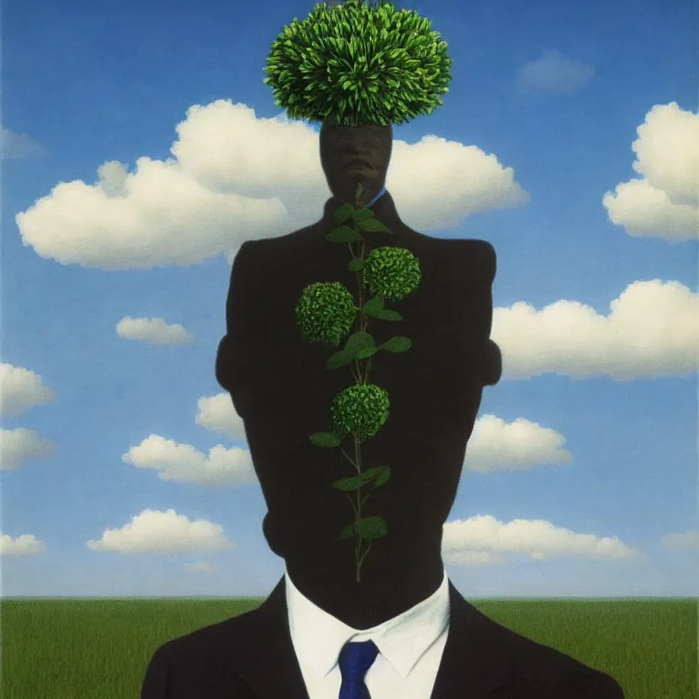 Prompt: portrait of a faceless beautiful flower - head man in a suit, clouds in the background, by rene magritte, detailed painting, distance, centered, hd, hq, high resolution, high detail, 4 k, 8 k