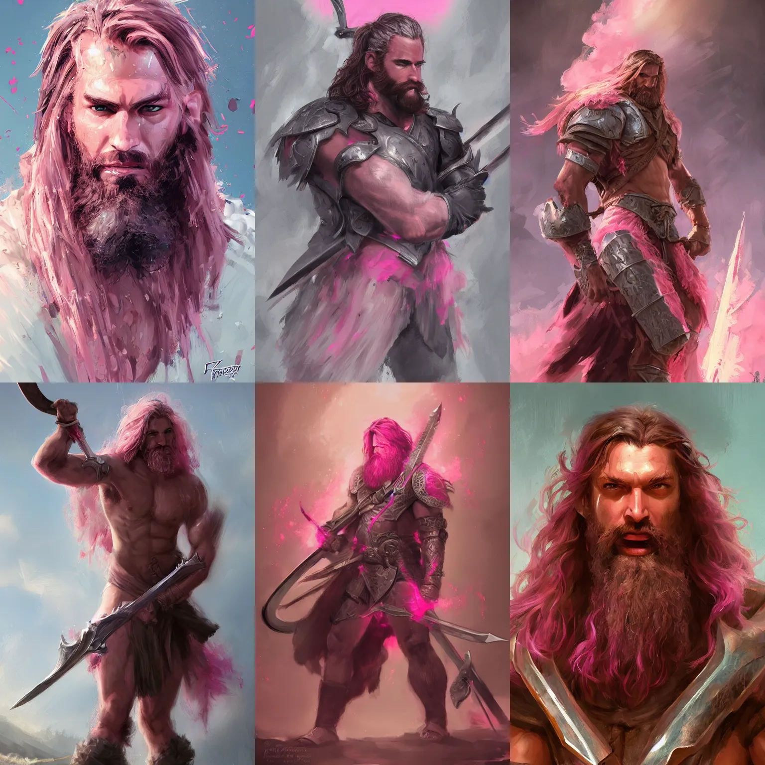 Prompt: Buff Man, Shining pink armor, long beard, messy hair, high fantasy, greatsword, Artstation, cgsociety, by Frank Franzzeta