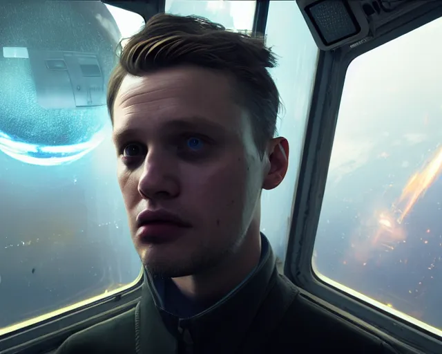 Image similar to highly detailed portrait of michael pitt as an android in a space shuttle, in detroit : become human, stephen bliss, unreal engine, fantasy art by greg rutkowski, loish, rhads, ferdinand knab, makoto shinkai and lois van baarle, ilya kuvshinov, rossdraws, tom bagshaw, global illumination, radiant light, detailed and intricate environment