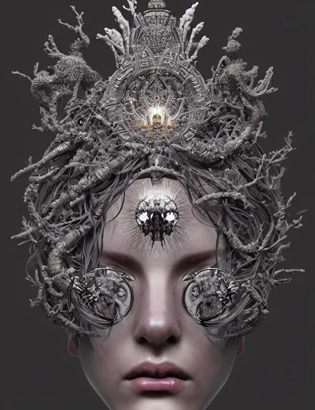 Image similar to symmetrical, centered, zbrush sculpt of goddess close-up portrait wigh crown made of skulls. phoenix betta fish, phoenix, bioluminiscent creature, super intricate ornaments artwork by Tooth Wu and wlop and alena aenami and greg rutkowski