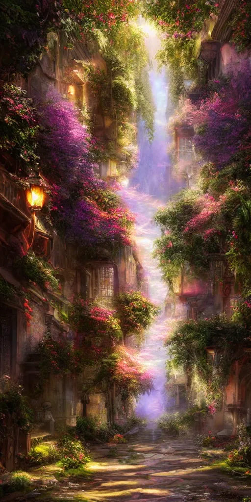 Prompt: a professional photographic view picture of a heavenly nature inspired alley ,photographic filter unreal engine 5 realistic hyperdetailed 8k ultradetail cinematic concept art volumetric lighting, fantasy artwork, very beautiful scenery, very realistic painting effect, hd, hdr, cinematic 4k wallpaper, 8k, ultra detailed, high resolution, artstation trending on artstation in the style of Albert Dros glowing rich colors powerful imagery nasa footage drone footage drone photography