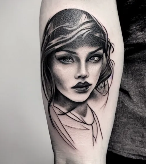 Prompt: tattoo design sketch of a beautiful girl with a faded mountain background, in the style of den yakovlev, black and white, realism tattoo, hyper realistic, highly detailed