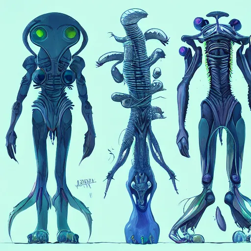 Image similar to concept art painting of alien creatures, detailed, cel shaded, in the style of makoto shinkai and moebius and james gurney