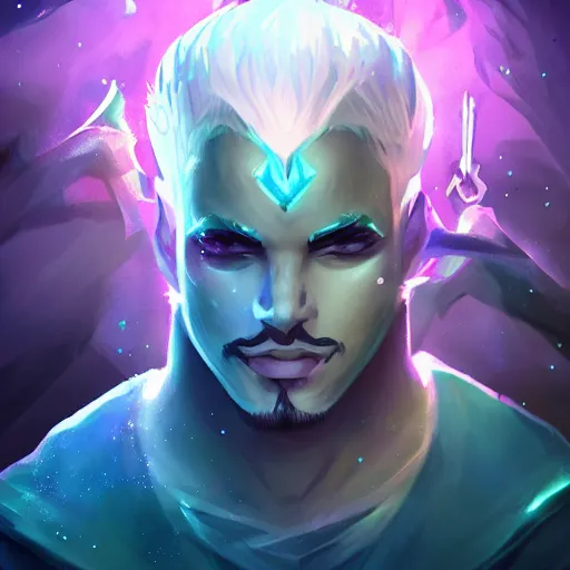 Prompt: league of legends splash art, dark-skinned, abstract white hourglass tattoo on face, confident, white mohawk hair with a fade on the sides, sword filled with glowing aquamarine time liquid, back alley, hologram shadow glowing aquamarine, sleeveless, fantasy tinkerer outfit