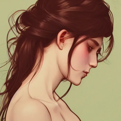 Prompt: girl wearing shorts and blouse, hands in her hair. side-view, highly detailed, digital painting, artstation, concept art, smooth, sharp focus, illustration, art by artgerm and alphonse mucha, high definition digital art, in the style of Ross tran and ilya kuvshinov