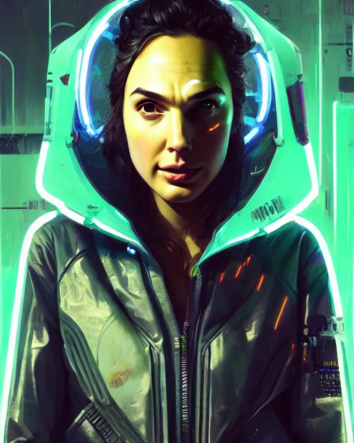 Image similar to detailed portrait Gal Gadot Neon Operator Girl, cyberpunk futuristic neon, reflective puffy coat, decorated with traditional Japanese ornaments by Ismail inceoglu dragan bibin hans thoma greg rutkowski Alexandros Pyromallis Nekro Rene Maritte Illustrated, Perfect face, fine details, realistic shaded, fine-face, pretty face