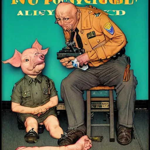 Image similar to hybrid of pig and nyc policeman, annoyed, ultra detailed, photo realistic, style of norman rockwell, smooth and clear, super sharp, style of richard corben.