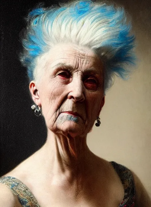 Image similar to a detailed portrait of old woman with a extravagant mohawk by edouard bisson, blue hair, punk rock, oil painting, muted colours, soft lighting