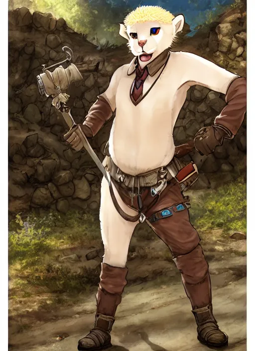 Image similar to character portrait of a (((anthro albino mountain lion))) wearing miner's clothes at the mines. hidari, color page, tankoban, 4K, tone mapping, Akihiko Yoshida.