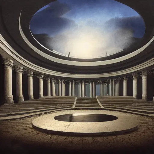 Prompt: landscape architect matte painting of a large ominous theatre with a large center - stage lit by the sunlight of a skylight dome above the stage, detailed illustration, dramatic lighting