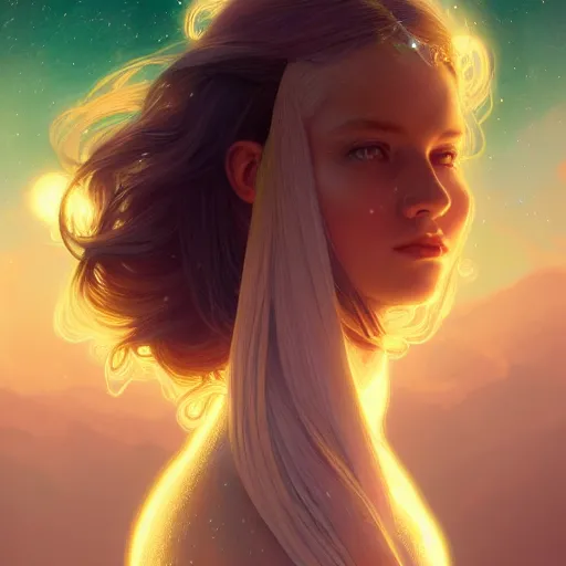 Image similar to aurora, girl with super long hair, hair becoming bright stars, intricate, highly detailed, digital painting, artstation, concept art, smooth, sharp focus, illustration, unreal engine 5, 8 k, art by artgerm and greg rutkowski and alphonse mucha