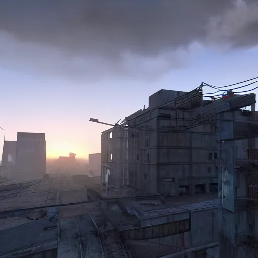 Image similar to a Half life 2 level, from the 2004 PC game Half life, brutalist architecture, stunning volumetric light, sunset, stunning skies, majestic landscape, trending on Artstation, 8k, photorealistic, hyper detailed, unreal engine 5, IMAX quality, cinematic, epic lighting, in the style of Viktor Antonov