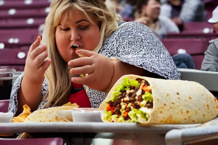 Image similar to obese woman eating a giant burrito sitting at a baseball game, photograph,